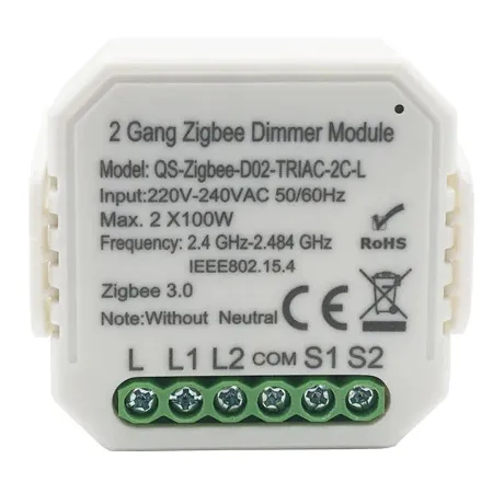 Lonsonho QS-Zigbee-D02-TRIAC-2C-L — Dimmer Switch Module No Neutral 2 Gang
