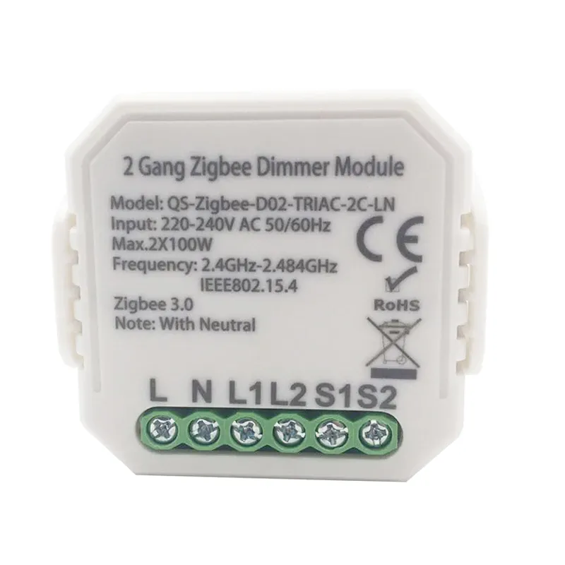 Lonsonho QS-Zigbee-D02-TRIAC-2C-LN — Dimmer Switch Module With Neutral 2 Gang